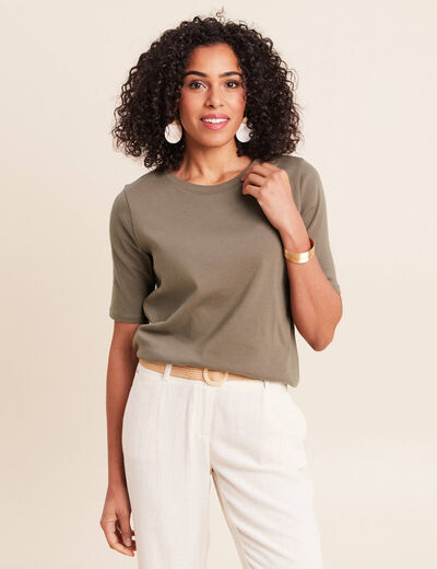 T-shirt ajust&eacute; col rond manches coudes vert kaki femme