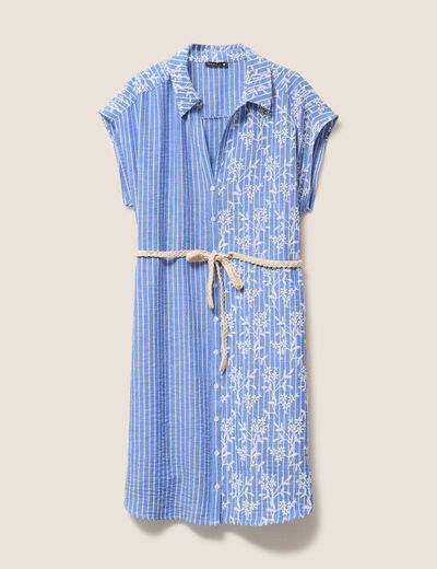 Robe droite courte col chemise ceinture bleu clair femme
