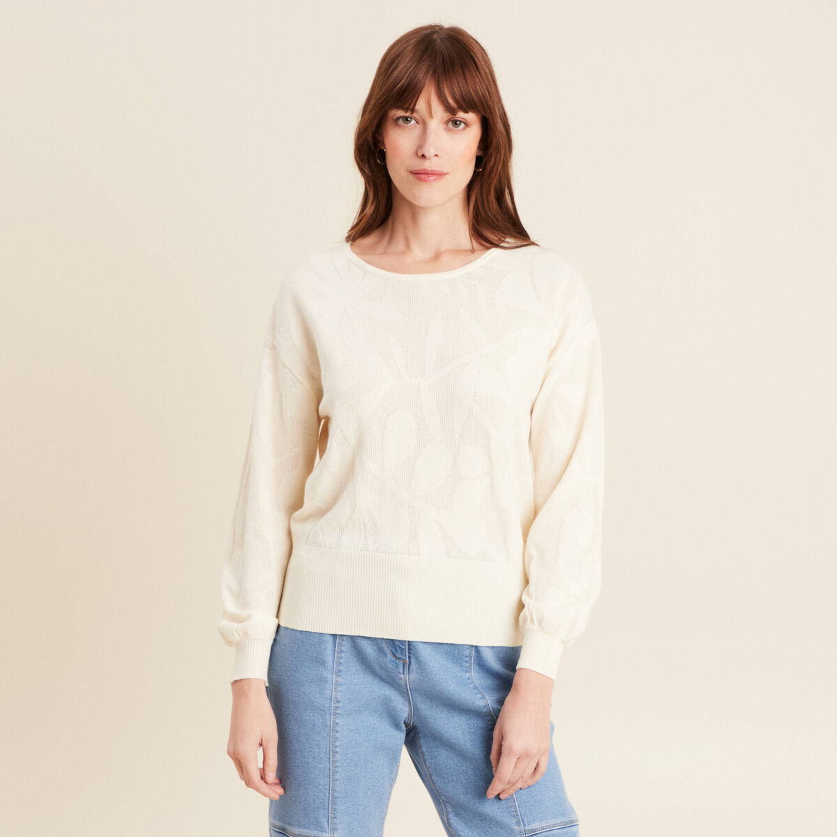 Pull manches longues ajouré ecru femme