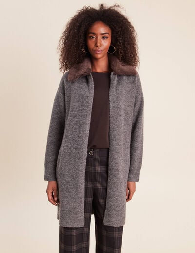 Gilet droit long col chemise gris fonc&eacute; femme