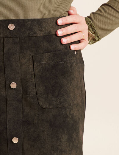 Jupe droite courte en similicuir vert kaki femme