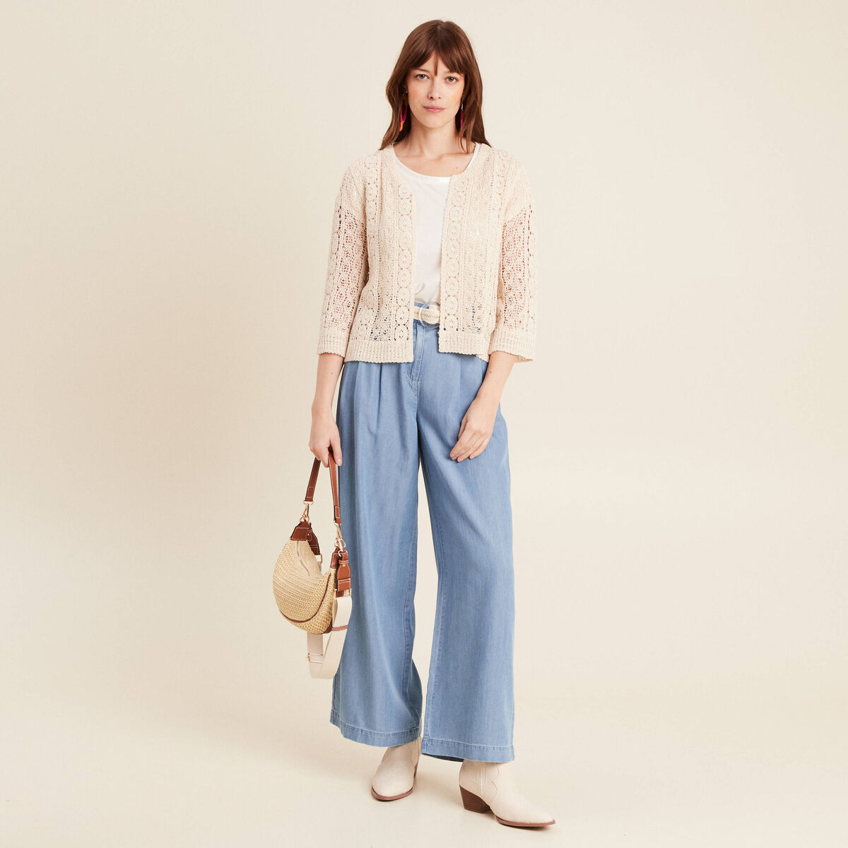 Gilet manches 3/4 ajouré ecru femme