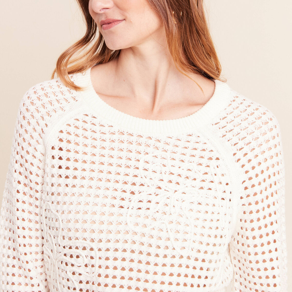 Pull col rond manches longues dentelle ecru femme