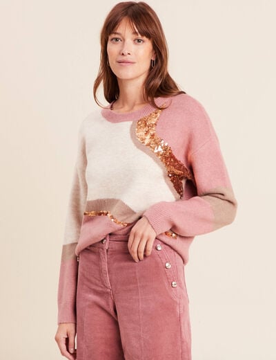 Pull col rond manches longues &agrave; sequins taupe femme