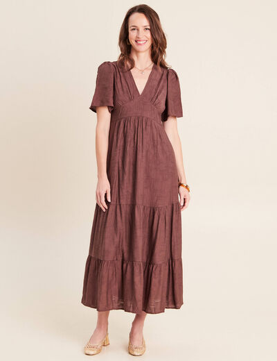 Robe &eacute;vas&eacute;e col v doubl&eacute;e marron fonc&eacute; femme