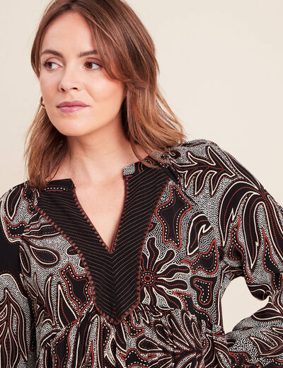 Robe fluide col v manches longues noir femme