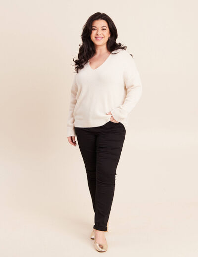 Pull en cachemire col v ecru femme