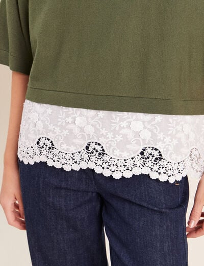 Pull bi-mati&egrave;re col bateau vert kaki femme