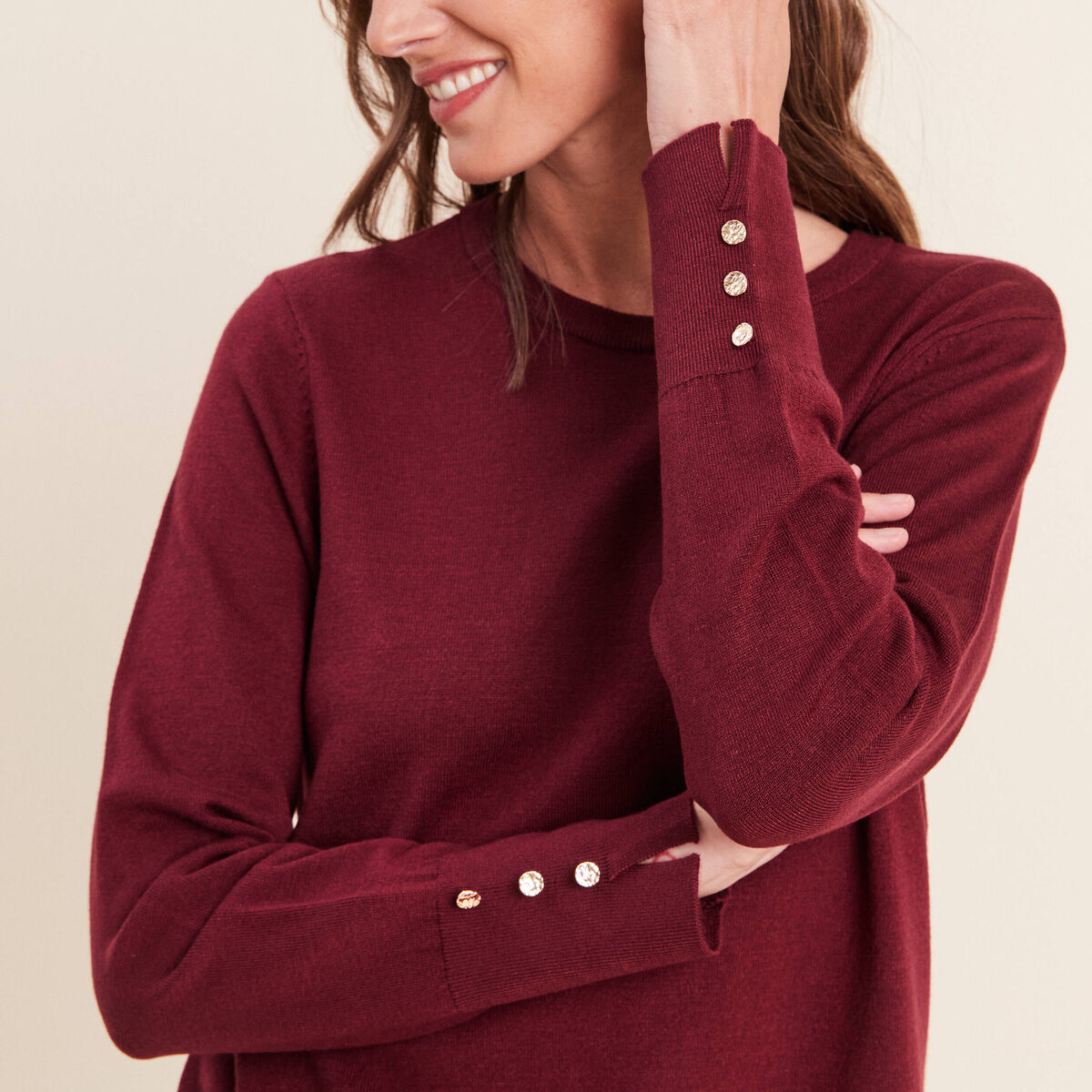 Pull droit col rond manches longues bordeaux femme