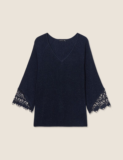 Pull manches 3/4 macramé bleu foncé femme