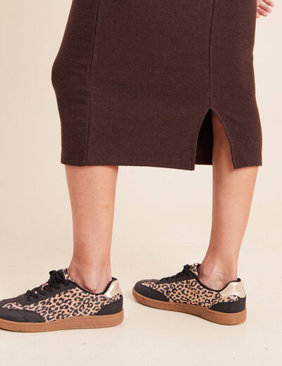 Jupe longue droite en maille marron fonc&eacute; femme