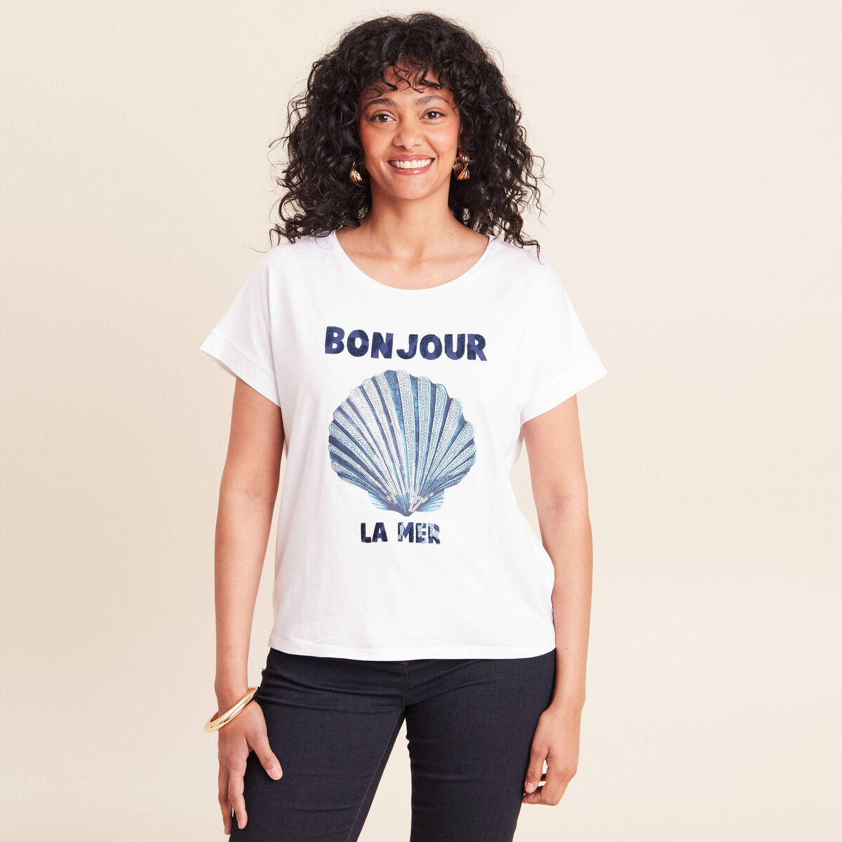 T-shirt col rond manches courtes brod&eacute; blanc femme