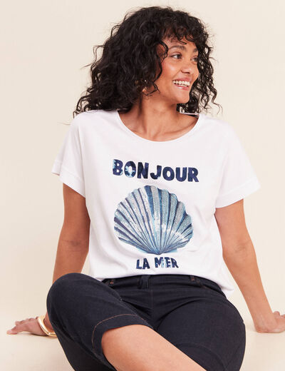 T-shirt col rond manches courtes brod&eacute; blanc femme