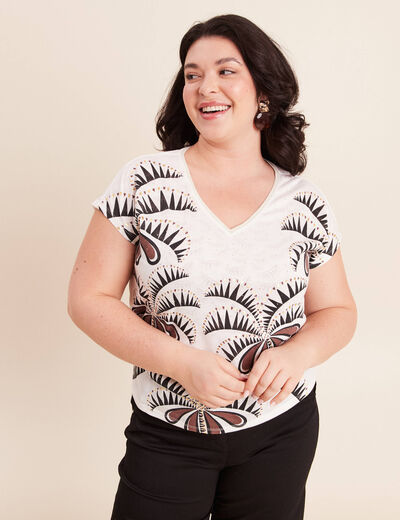 T-shirt col v manches courtes ecru femme