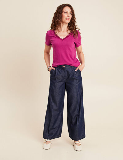 T-shirt manches courtes col en V violet femme