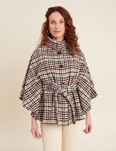 Poncho ceintur&eacute; boutonn&eacute; multicolore femme