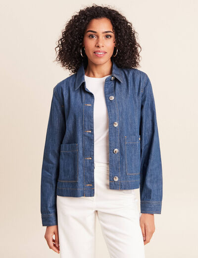 Veste courte droite manches longues denim stone femme