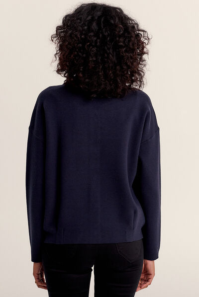 Pull manches longues boutons bleu foncé femme