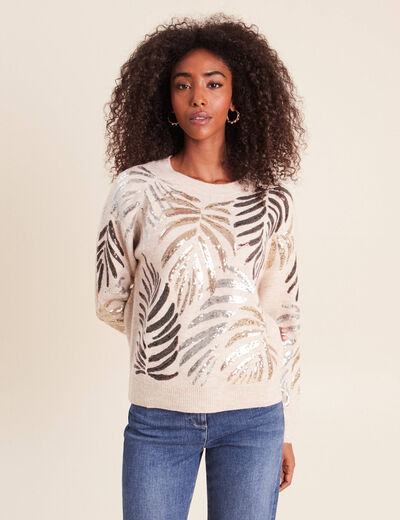 Pull col rond &agrave; sequins couleur or femme