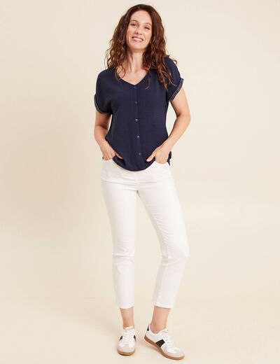 Blouse col v manches courtes bleu foncé femme