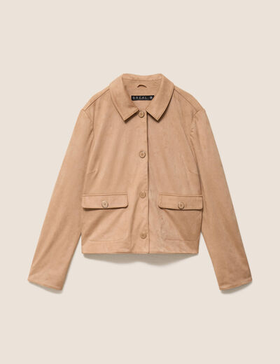 Veste courte droite aspect daim marron clair femme