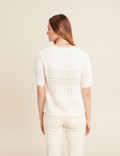Pull ajouré manches courtes ecru femme