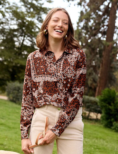 Chemise fluide manches longues marron femme