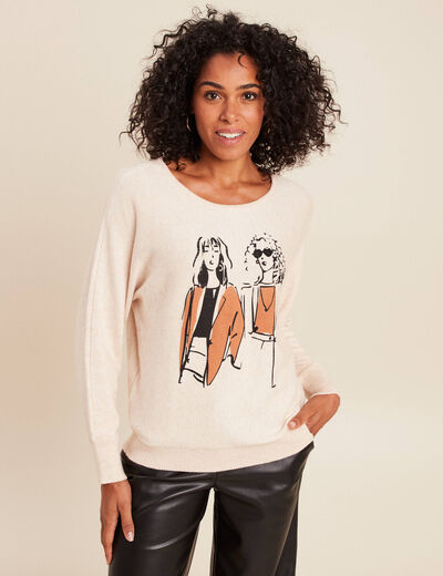 Pull col rond manches longues creme femme