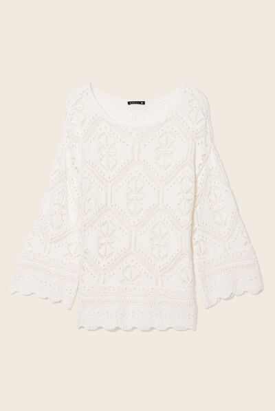 Pull manches 3/4 ajouré ecru femme