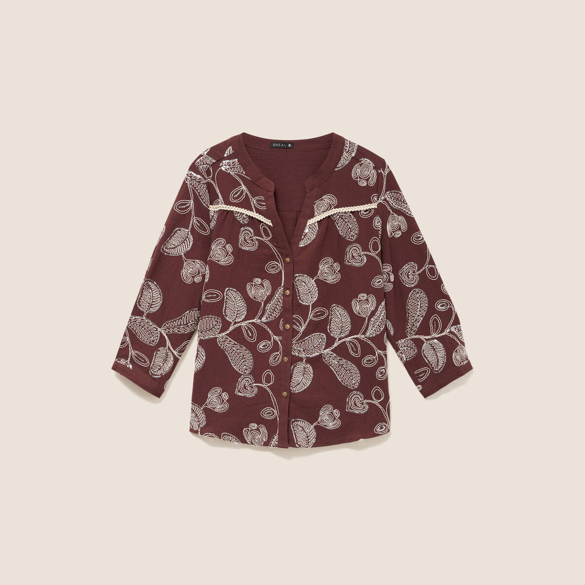 Blouse col tunisien manches 3/4 marron femme
