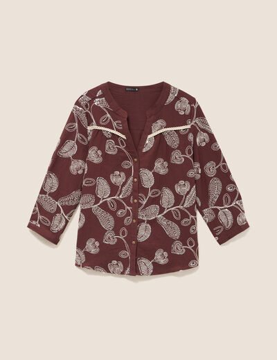 Blouse col tunisien manches 3/4 marron femme