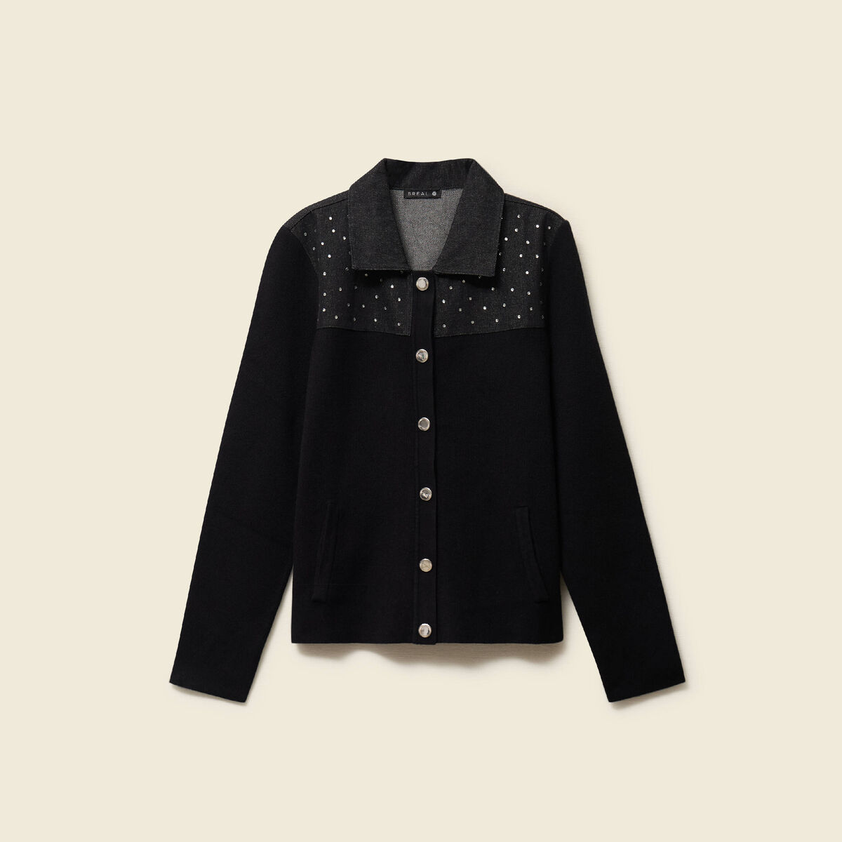 Gilet col rond manches longues strass noir femme