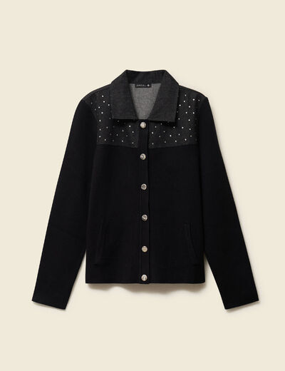 Gilet col rond manches longues strass noir femme