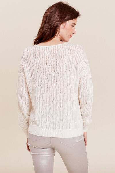 Pull manches longues sequins ecru femme