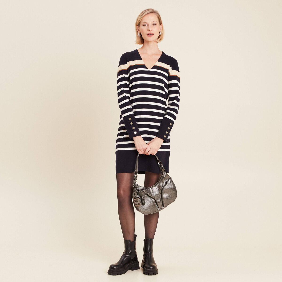 Robe tricot droite col en V bleu foncé femme