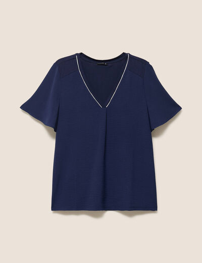 T-shirt bi-mati&egrave;re manches courtes bleu marine femme