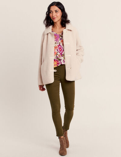 Manteau droit effet mouton ivoire femme