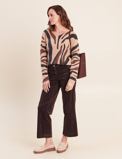 Pantalon large velours c&ocirc;tel&eacute; marron fonc&eacute; femme