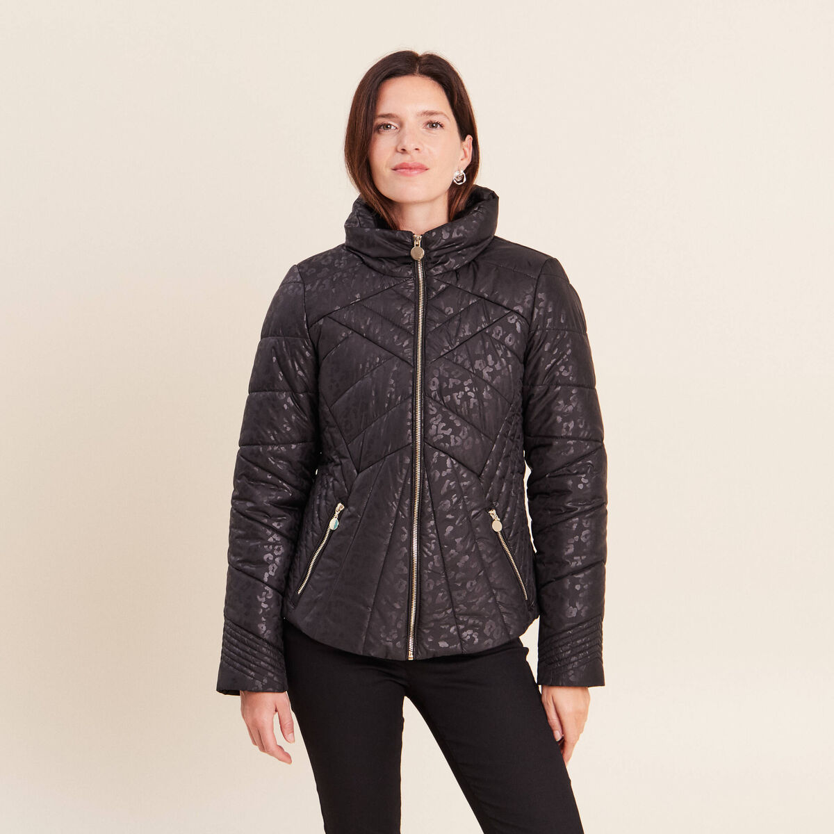 Doudoune d&eacute;perlante droite zipp&eacute;e noir femme