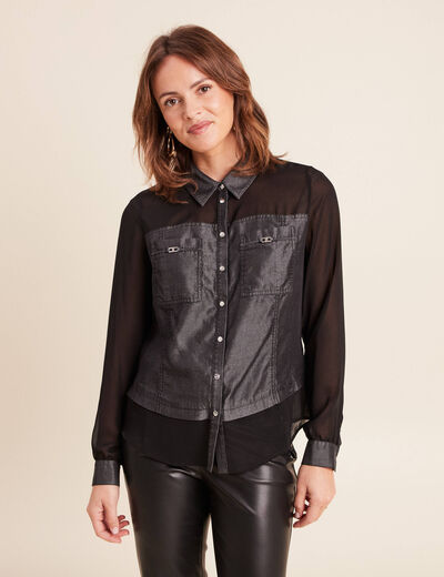 Chemise bi-mati&egrave;re manches longues denim gris femme