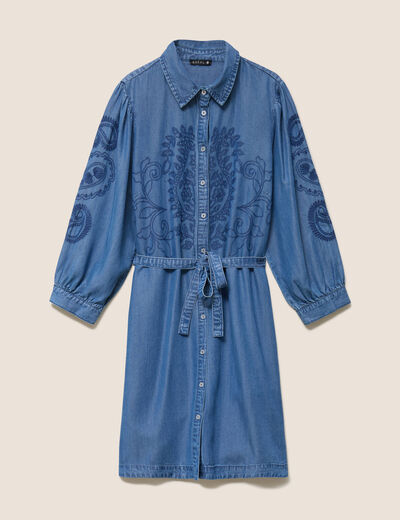 Robe courte &eacute;vas&eacute;e manches 3/4 brod&eacute;e denim double stone femme