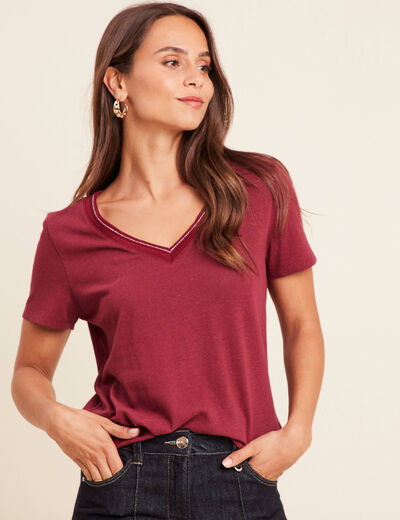 T-shirt manches courtes col en V bordeaux femme