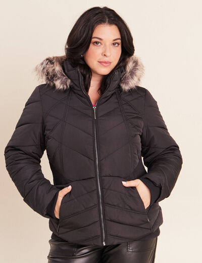 Doudoune cintr&eacute;e capuche manches longues noir femme