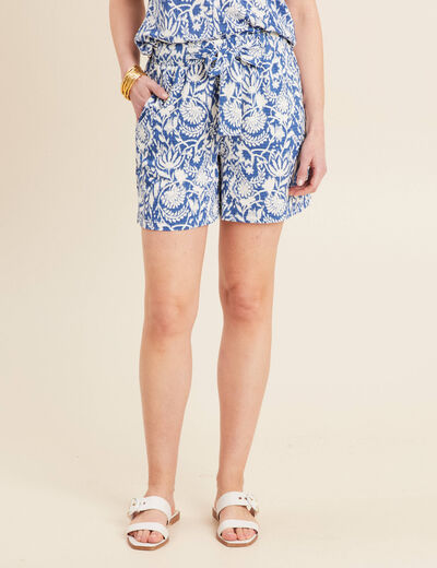 Short droit ceinturé bleu femme