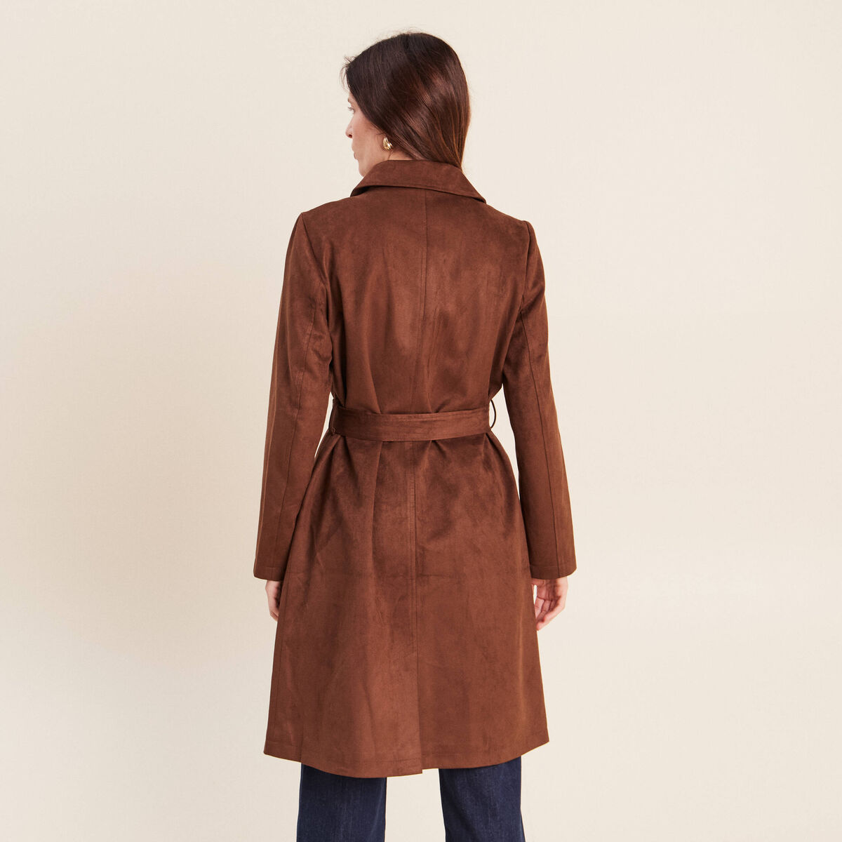 Trench cintr&eacute; long aspect daim marron femme