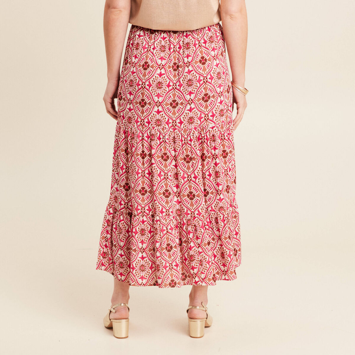 Jupe midi droite fluide rose femme