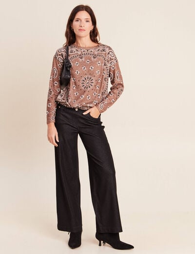 Pull col rond manches longues strass marron femme