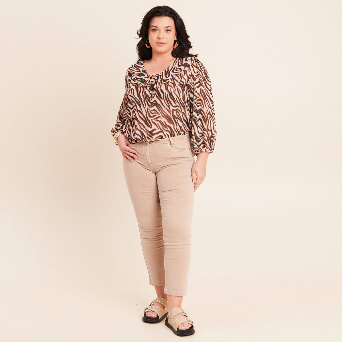 Blouse ample col v en voile manches 3/4 noir femme