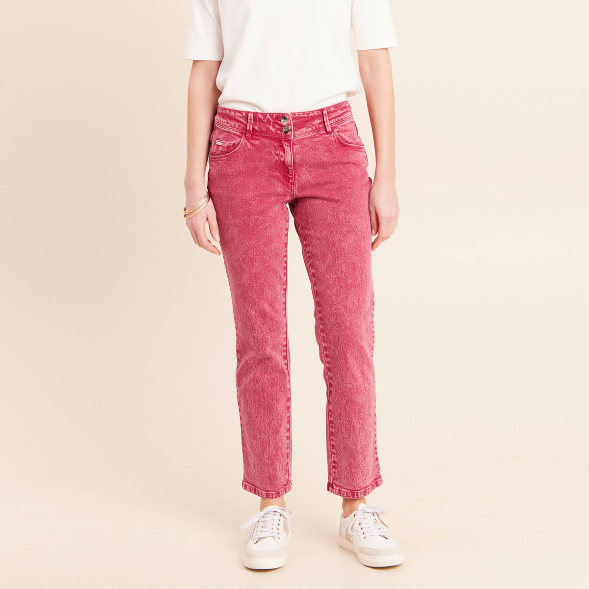 Jean coupe droite taille bascul&eacute;e rose fushia femme