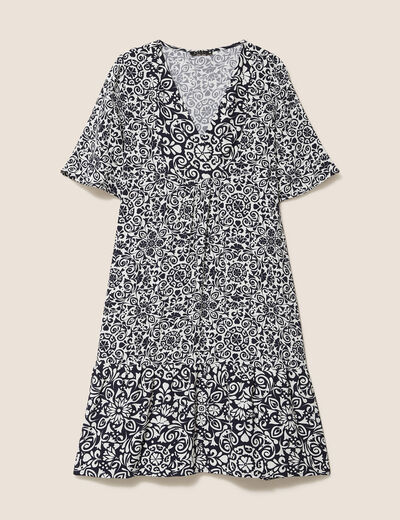 Robe courte évasée col V bleu marine femme